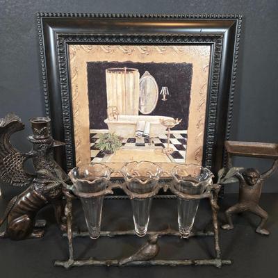 LOT 344B: Maison Bath II by Artist Charlene Winterle Olson, Vintage Bud Vase Set, Vintage Griffin Candlestick Holder, and Bombay Co Brass...