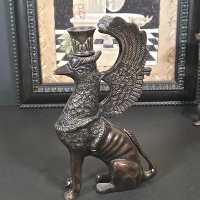 LOT 344B: Maison Bath II by Artist Charlene Winterle Olson, Vintage Bud Vase Set, Vintage Griffin Candlestick Holder, and Bombay Co Brass...