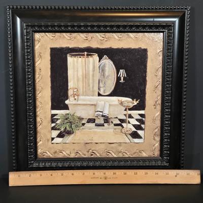 LOT 344B: Maison Bath II by Artist Charlene Winterle Olson, Vintage Bud Vase Set, Vintage Griffin Candlestick Holder, and Bombay Co Brass...