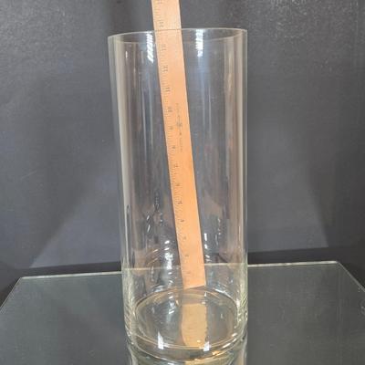 LOT 346B: Block Crystal Pedestal Bowl, Tall Glass Cylinder Vase, Smaller Glass Cylinder Bowl, and Mirror Display Shelf