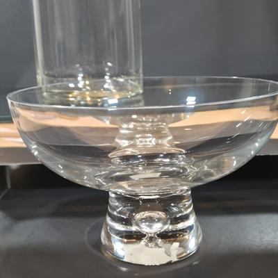 LOT 346B: Block Crystal Pedestal Bowl, Tall Glass Cylinder Vase, Smaller Glass Cylinder Bowl, and Mirror Display Shelf