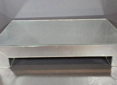 LOT 346B: Block Crystal Pedestal Bowl, Tall Glass Cylinder Vase, Smaller Glass Cylinder Bowl, and Mirror Display Shelf