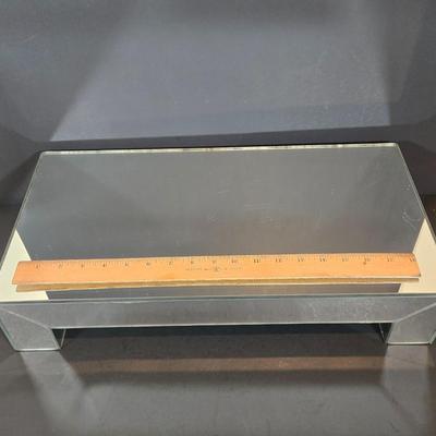 LOT 346B: Block Crystal Pedestal Bowl, Tall Glass Cylinder Vase, Smaller Glass Cylinder Bowl, and Mirror Display Shelf