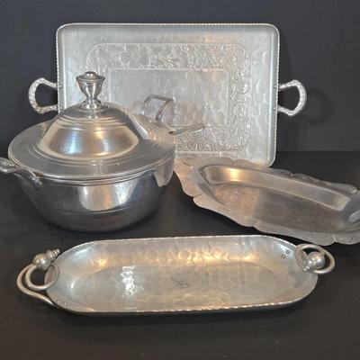 LOT 347B: Multiple Pieces of Pewter. Antique Silver Plate Egg Coddler, Vintage Soup Tureen, and More