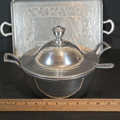 LOT 347B: Multiple Pieces of Pewter. Antique Silver Plate Egg Coddler, Vintage Soup Tureen, and More