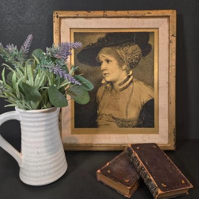 LOT 350B: A Day Dream Framed Etched Art, Clay Pitcher with Faux Lavender, and Two Antique British Poets and Translations Books