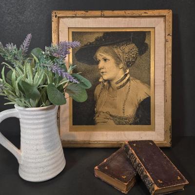 LOT 350B: A Day Dream Framed Etched Art, Clay Pitcher with Faux Lavender, and Two Antique British Poets and Translations Books