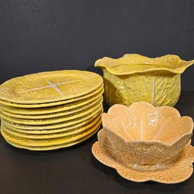 LOT 352B: Secla Portugal Majolica Yellow Cabbage Leaf Soup Tureen, Ten Plates, and More