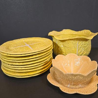 LOT 352B: Secla Portugal Majolica Yellow Cabbage Leaf Soup Tureen, Ten Plates, and More