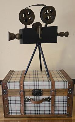 LOT 360B: Decorative Vintage Style Nesting Trunks and Table Decor Double Reel Metal Movie Camera