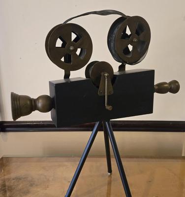 LOT 360B: Decorative Vintage Style Nesting Trunks and Table Decor Double Reel Metal Movie Camera