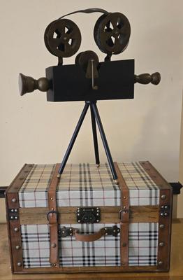 LOT 360B: Decorative Vintage Style Nesting Trunks and Table Decor Double Reel Metal Movie Camera
