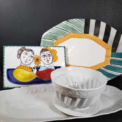 LOT 401B: French Porcelain Berry Bowl Set & Platter by Philippe Deshoulieres, Ann Mallory Hand Painted Platter & Italian Ceramic...