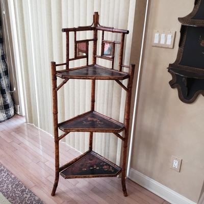 LOT 416F: Vintage Bamboo Corner Shelf & Decorative Wall Shelf