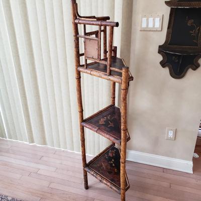 LOT 416F: Vintage Bamboo Corner Shelf & Decorative Wall Shelf