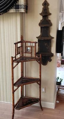LOT 416F: Vintage Bamboo Corner Shelf & Decorative Wall Shelf
