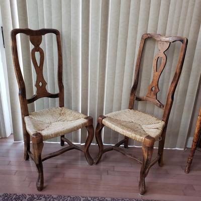 LOT 417F: Pair of Vintage Rush Seat Wooden Chairs