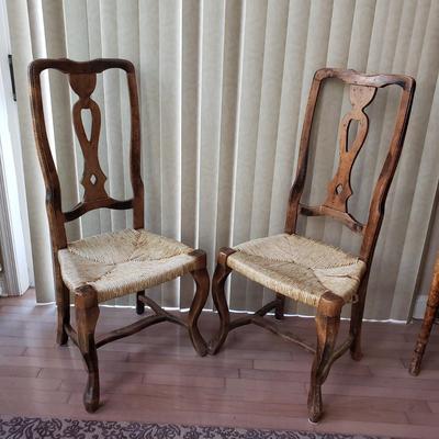 LOT 417F: Pair of Vintage Rush Seat Wooden Chairs