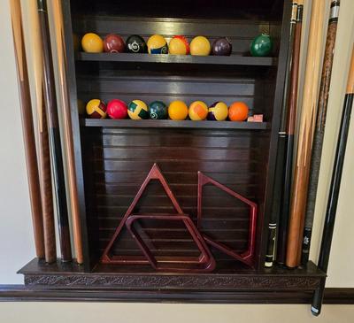 LOT 441B: Wall-Mounted Pool Cue Rack with all Contents and French Billiards Score Board