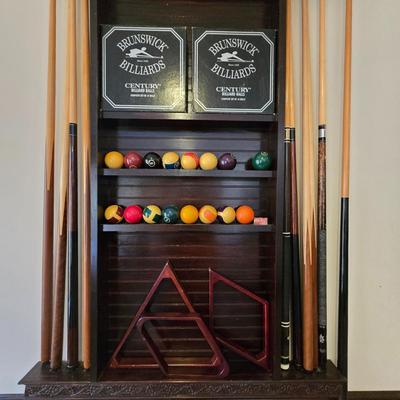 LOT 441B: Wall-Mounted Pool Cue Rack with all Contents and French Billiards Score Board