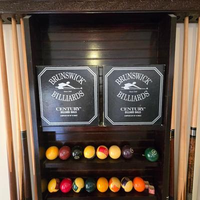 LOT 441B: Wall-Mounted Pool Cue Rack with all Contents and French Billiards Score Board