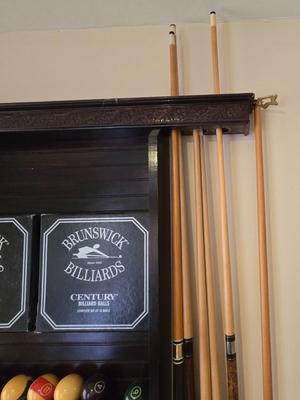 LOT 441B: Wall-Mounted Pool Cue Rack with all Contents and French Billiards Score Board
