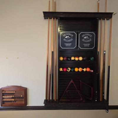 LOT 441B: Wall-Mounted Pool Cue Rack with all Contents and French Billiards Score Board