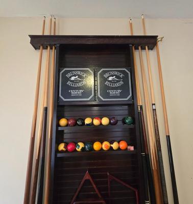 LOT 441B: Wall-Mounted Pool Cue Rack with all Contents and French Billiards Score Board