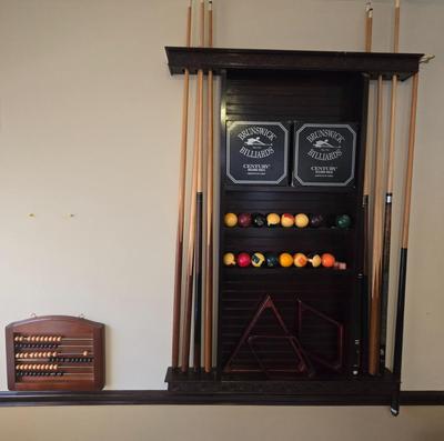 LOT 441B: Wall-Mounted Pool Cue Rack with all Contents and French Billiards Score Board