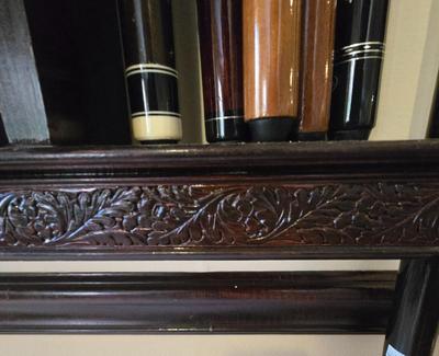 LOT 441B: Wall-Mounted Pool Cue Rack with all Contents and French Billiards Score Board