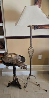 LOT 449B: Floor Lamp, Wall Clock, and Bombay Company Round Side Table