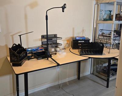 LOT 454B: Adjustable Height Desk with Multiple Office Supplies