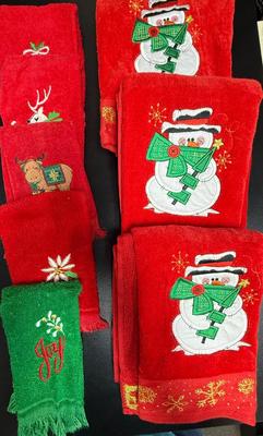 Sale Photo Thumbnail #129: Red and green, with embroidery of snowmen, reindeer, snowflakes, and more.  Great condition.