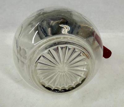 Sale Photo Thumbnail #123: Vintage Etched Floral Glass Syrup Pitcher, chrome lid with red bakelite handle.  Vintage style originally from the 1940's. Great condition.