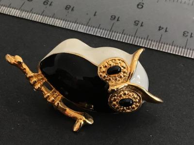 Enamel Owl Brooch Gold Black White