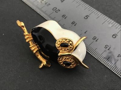 Enamel Owl Brooch Gold Black White