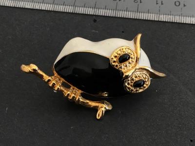 Enamel Owl Brooch Gold Black White