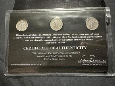 1943, 1944 AND 1945 MERCURY DIMES - .900 SILVER