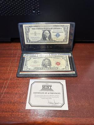 1957 $1 SILVER CERTIFICATE AND 1963 $5 RED SEAL