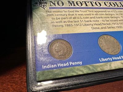 1935 $1 BLUE SEAL, 1902 INDIAN HEAD PENNY, 1911 LIBERTY HEAD NICKEL, 1935 BUFFALO NICKEL AND 1900 BARBER DIME