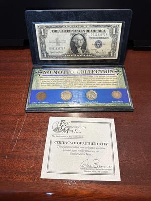 1935 $1 BLUE SEAL, 1902 INDIAN HEAD PENNY, 1911 LIBERTY HEAD NICKEL, 1935 BUFFALO NICKEL AND 1900 BARBER DIME