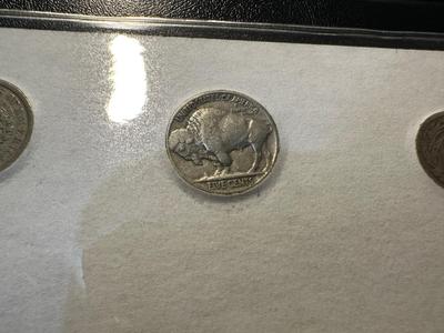 1935 $1 BLUE SEAL, 1902 INDIAN HEAD PENNY, 1911 LIBERTY HEAD NICKEL, 1935 BUFFALO NICKEL AND 1900 BARBER DIME
