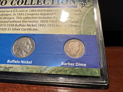 1935 $1 BLUE SEAL, 1902 INDIAN HEAD PENNY, 1911 LIBERTY HEAD NICKEL, 1935 BUFFALO NICKEL AND 1900 BARBER DIME