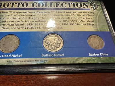 1935 $1 BLUE SEAL, 1902 INDIAN HEAD PENNY, 1911 LIBERTY HEAD NICKEL, 1935 BUFFALO NICKEL AND 1900 BARBER DIME