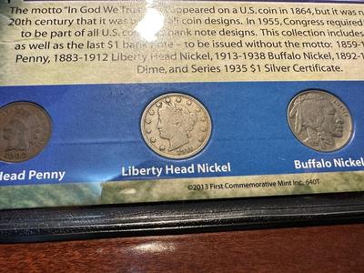 1935 $1 BLUE SEAL, 1902 INDIAN HEAD PENNY, 1911 LIBERTY HEAD NICKEL, 1935 BUFFALO NICKEL AND 1900 BARBER DIME