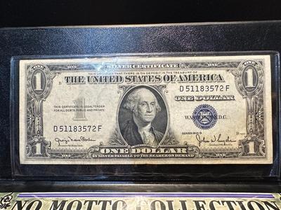 1935 $1 BLUE SEAL, 1902 INDIAN HEAD PENNY, 1911 LIBERTY HEAD NICKEL, 1935 BUFFALO NICKEL AND 1900 BARBER DIME