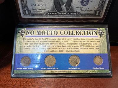 1935 $1 BLUE SEAL, 1902 INDIAN HEAD PENNY, 1911 LIBERTY HEAD NICKEL, 1935 BUFFALO NICKEL AND 1900 BARBER DIME