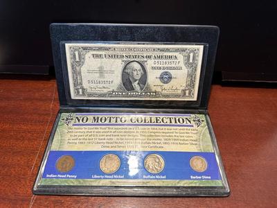 1935 $1 BLUE SEAL, 1902 INDIAN HEAD PENNY, 1911 LIBERTY HEAD NICKEL, 1935 BUFFALO NICKEL AND 1900 BARBER DIME