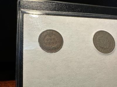 1935 $1 BLUE SEAL, 1902 INDIAN HEAD PENNY, 1911 LIBERTY HEAD NICKEL, 1935 BUFFALO NICKEL AND 1900 BARBER DIME