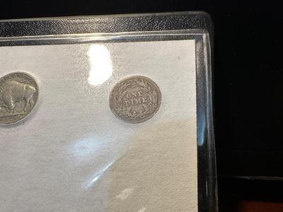 1935 $1 BLUE SEAL, 1902 INDIAN HEAD PENNY, 1911 LIBERTY HEAD NICKEL, 1935 BUFFALO NICKEL AND 1900 BARBER DIME